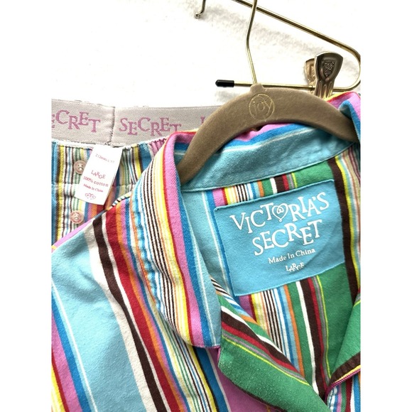 Victoria's Secret Vintage Y2K Large L Rainbow Striped Cotton Pajama Set Flannel - Picture 8 of 16